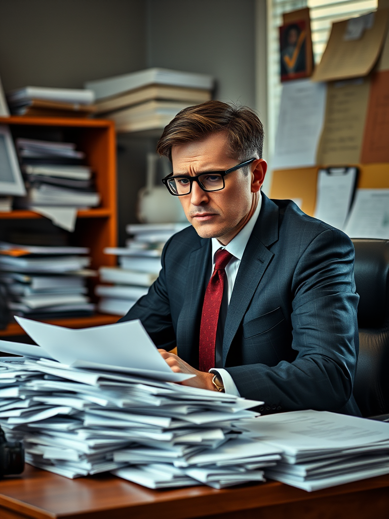 Create an image of a stressed office worker sitting at a cluttered desk piled high with paperwork, wearing glasses and a suit, shot with a DSLR camera, aperture f/2.8, ISO 200, 50mm lens, natural lighting to enhance clarity and detail.