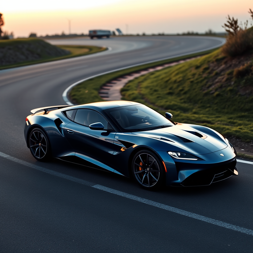 Generate an image of a luxury sports car parked on the side of a road during what appears to be dawn or dusk, given the soft light and shadows. The car should have a sleek design with aerodynamic features, a low-profile stance, and large, alloy wheels. It should display a contemporary color scheme, possibly a unique shade of blue that matches well with the ambient light in the setting. The vehicle's bodywork should gleam, reflecting the surrounding environment, and it should have distinctive lighting accents that enhance its sporty appearance. In the background, there should be a roadside with a grassy embankment on one side and possibly some trees or shrubbery along the edge of the pavement. The overall mood of the image should convey a sense of luxury, speed, and the tranquility of an early morning or late evening drive.