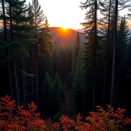 Create a high-resolution image of a serene forest landscape during sunrise, using a Canon EOS R5 camera with a 24-70mm f/2.8 lens, ISO 100, aperture f/8, shutter speed 1/60s, wide-angle view, and natural lighting to enhance the vibrant colors and details.