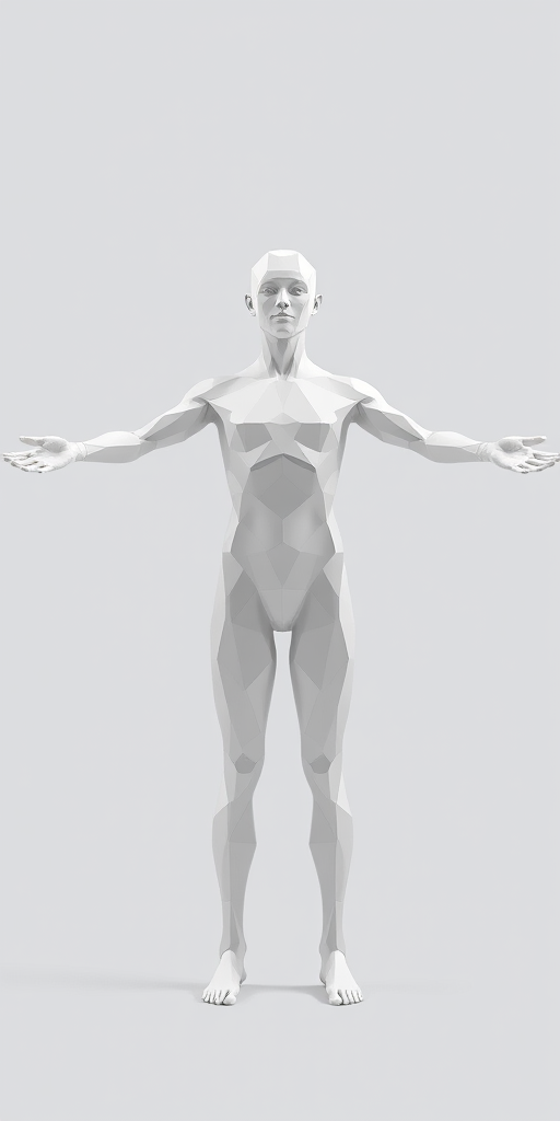 regenerate a low-poly human model with arms outstretched in a 3D design style, use a DSLR camera with a 50mm lens, aperture f/8, ISO 100, shot from a frontal view to enhance detail and clarity