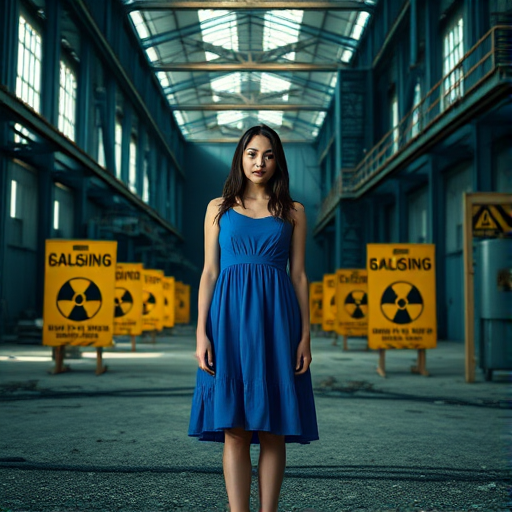 Create an image of a young woman in a blue dress standing in an abandoned industrial setting with radioactive warning symbols, using a Canon EOS R5 camera, 50mm lens, f/1.8 aperture, ISO 100, 1/200 sec shutter speed, natural lighting, and a shallow depth of field for enhanced focus on the subject.