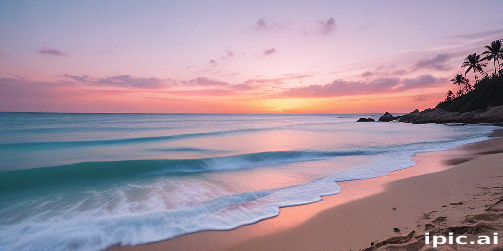 Tranquil Beach at Sunset with Gentle Waves and Colorful Sky