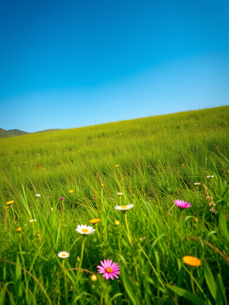 Generate an image of a serene landscape featuring a lush green meadow with wildflowers under a clear blue sky, taken with a Canon EOS R5, 24mm lens, f/8 aperture, ISO 200, 1/250 sec shutter speed, in vibrant colors and high detail.