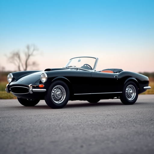 regenerate an image of a classic 1960s black sports car in profile view, using a DSLR camera with a 50mm lens, f/2.8 aperture, ISO 100, and a shallow depth of field to enhance focus on the car while softly blurring the background, ensuring high-resolution clarity and sharp details.