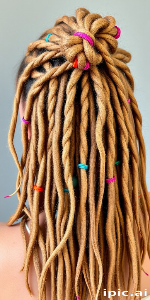 Bohemian-inspired dirty blonde dreadlocks adorned with colorful threads and beads, styled in a half-up bun for a free-spirited and artistic look