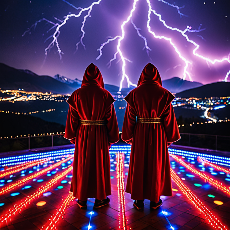 two hooded medieval monks  in red robes  facing the camera whose faces are partly obscured in shadow with snow-capped majestic alps with no city lights in the background in and lightning in background standing on brightly colored illuminated disco dance floor