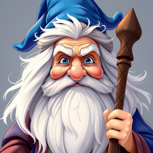 Create an image of a powerful wizard with a long white beard and a blue hat, holding a staff, in a cartoon style, captured with a DSLR camera at f/8 aperture, 50mm lens, ISO 100, 1/200 shutter speed, front view, bright colors and sharp details.