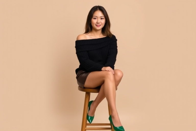 Portrait of a young woman sitting on a wooden stool with a neutral background, wearing an off-shoulder black sweater and leather shorts, styled with green high-heeled shoes, taken with a DSLR camera, aperture f/2.8, shutter speed 1/125 sec, ISO 100, natural lighting, focus on the subject with a shallow depth of field.