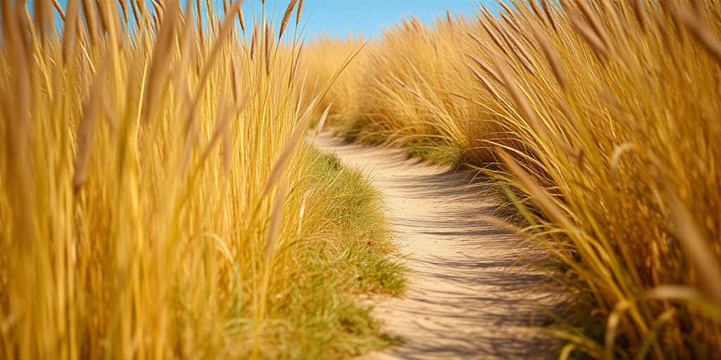 A winding path through tall, golden grass with a clear blue sky in the background, shot with a Canon EOS R5, 50mm lens, f/1.8, ISO 100, 1/2000 sec, with a shallow depth of field to blur the background and highlight the grass blades.