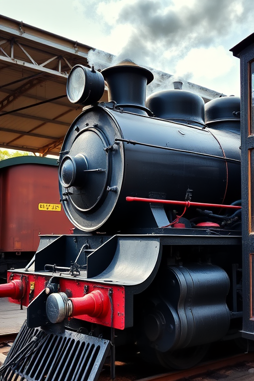 regenerate an image of a vintage steam locomotive, side view, captured with a DSLR camera at f/8 aperture, ISO 100, shutter speed 1/250s, natural lighting, high dynamic range, vibrant color enhancement, sharp focus on locomotive details