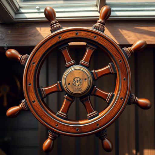 Create a high-resolution image of a classic ship's wheel with a polished wooden finish, shot with a 50mm lens at f/2.8 to achieve a shallow depth of field, use a top-down camera view, in natural lighting with a hint of backlight to highlight the textures, and employ a DSLR camera type for superior image quality.