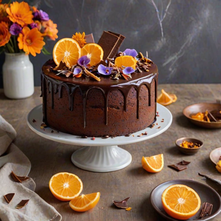 Create an image of a richly decorated chocolate cake topped with dried orange slices, edible flowers, and chocolate shards. The setting should be bright and inviting, with a soft-focus background featuring a light-colored table and decorative elements like a glass and flowers.