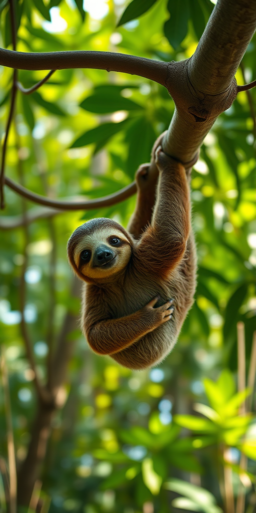 Generate a high-resolution image of a cute sloth hanging lazily on a tree branch in a lush, vibrant forest, using a Canon EOS R5, 50mm f/1.2 lens, aperture set to f/2.8, ISO 200, with soft diffused lighting for a warm and inviting atmosphere, captured from a low angle perspective to emphasize the sloth's charming expression.