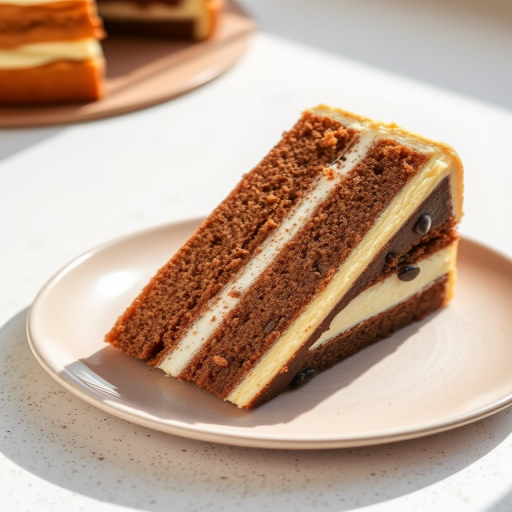 A slice of layered cake on a neutral plate showcasing distinct layers of chocolate and vanilla with cream filling between them, placed on a textured surface in a bright setting.