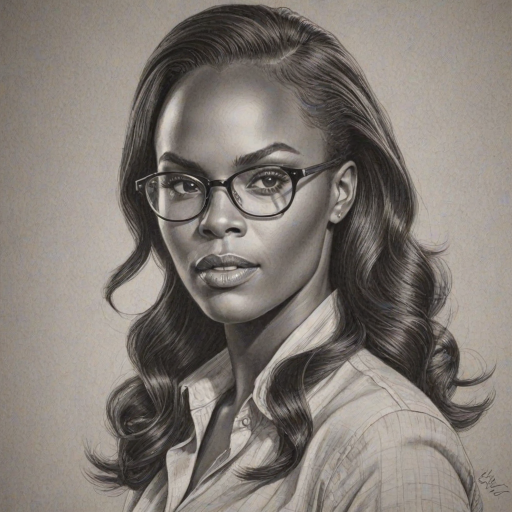 Superb Tika Sumpter, pencil sketch, portrait of Fascinating woman 1942s in glasses, hair style beatnik, outline, clear lines, fine lines, 8k