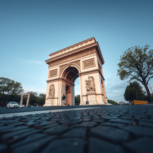 Capture a high-resolution image of the Arc de Triomphe from a low-angle view, using a DSLR camera with a 24mm lens, aperture set to f/8, ISO 100, and a shutter speed of 1/200 sec for enhanced clarity and detail.