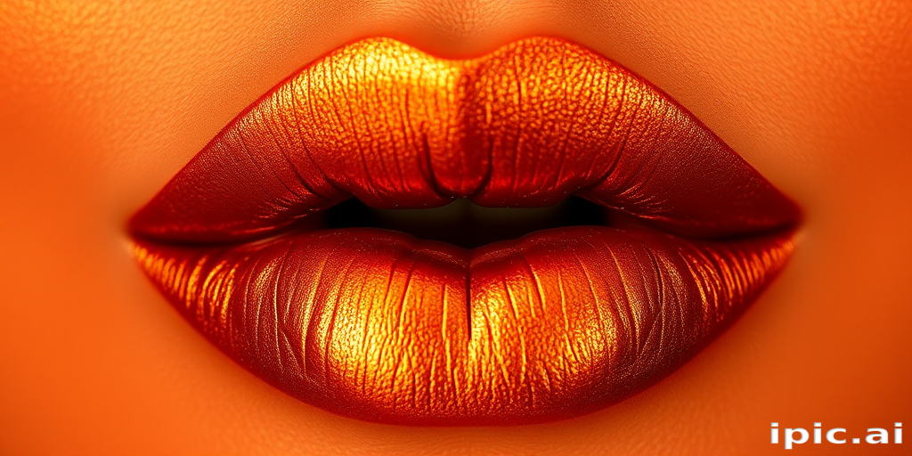 Molten bronze lips with dimensional metallic finish, sculpted and defined shape, warm and rich tones, luxurious Liquid Amber Luxe design