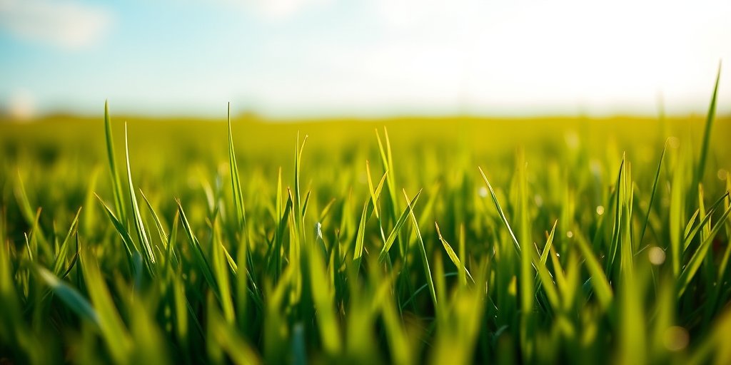 Create a vibrant landscape of lush green grass under a soft blue sky with gentle bokeh effects, shot with a DSLR camera at f/4 aperture, ISO 100, 24mm lens, and a slight vignette for depth.