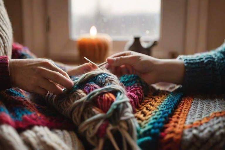 Warmly lit photo of a pair of hands knitting a colorful scarf, soft light from a nearby window illuminating the yarn and needles, with a cozy blanket draped over the lap in the background.
