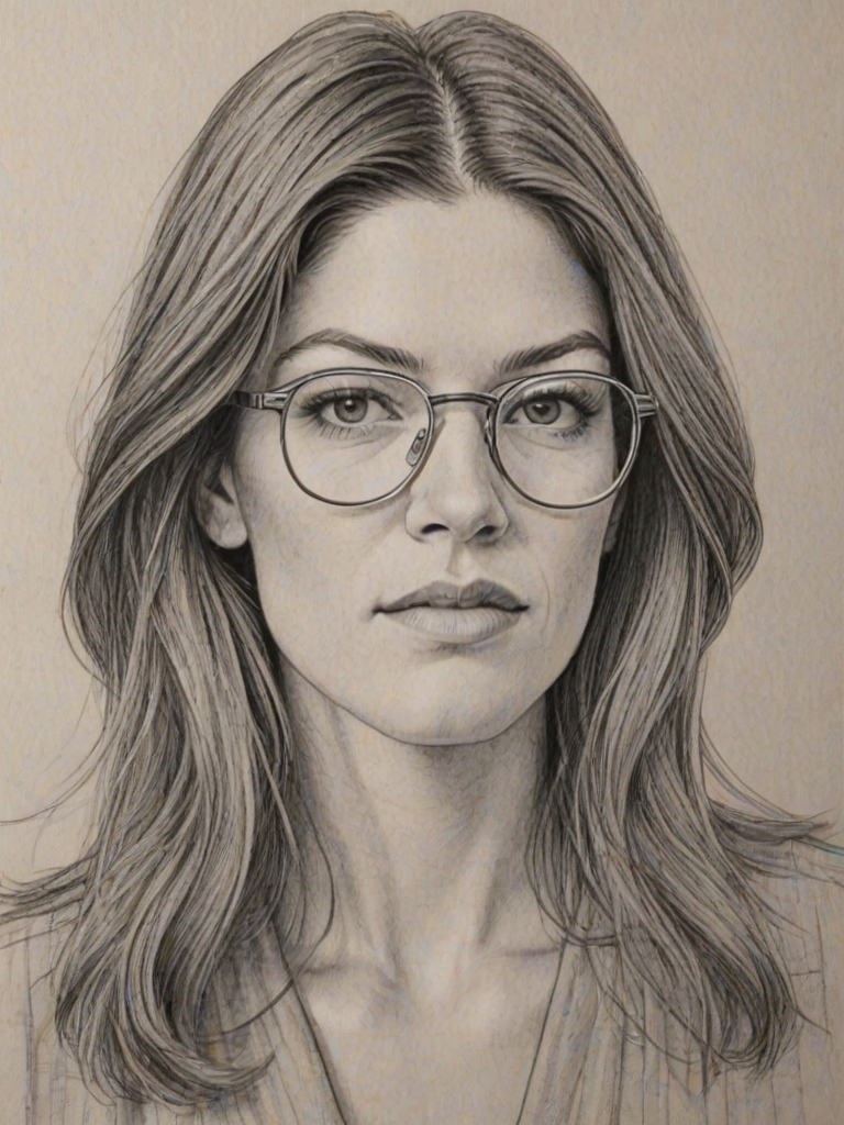 Graceful Jennifer Carpenter, pencil sketch, portrait of Pleasing woman 1977s in glasses, hair style beatnik, outline, clear lines, fine lines, 8k