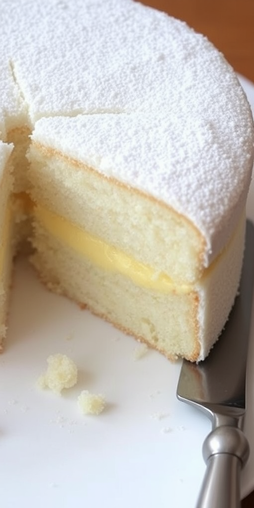 A close-up of a slice of fluffy white cake with powdered sugar on top revealing a creamy filling inside on a white plate with a cake server nearby.