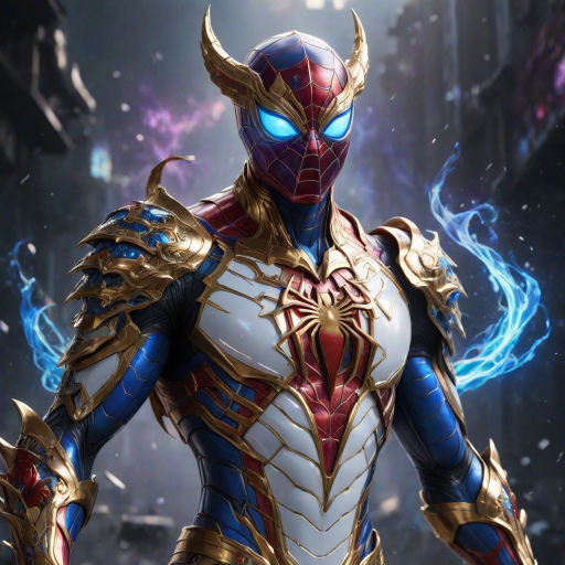 A high-budget, anime-style wallpaper featuring Spiderman in an epic White, blue red Kirin armor. Golden dragon gloves, the gloves is in the shape of dragon heads, Golden dragon head gloves, White glossy eyes, The armor is designed with metallic details that reflect light, showcasing intricate Kirin motifs. Spiderman's armor is a striking gradient of blue, red and white, with Colorful galaxy inner sections, making it look both powerful and sleek. The background is flat white, with Kirin-shaped blue-violet glowing rune relic to give the impression power, striking pose, the Kirin's armor is dominantly in white, with some details in blue and red, Cinematic anime action scene, cinematic action pose, medium shot action portrait, dramatic effect of shadow and light.