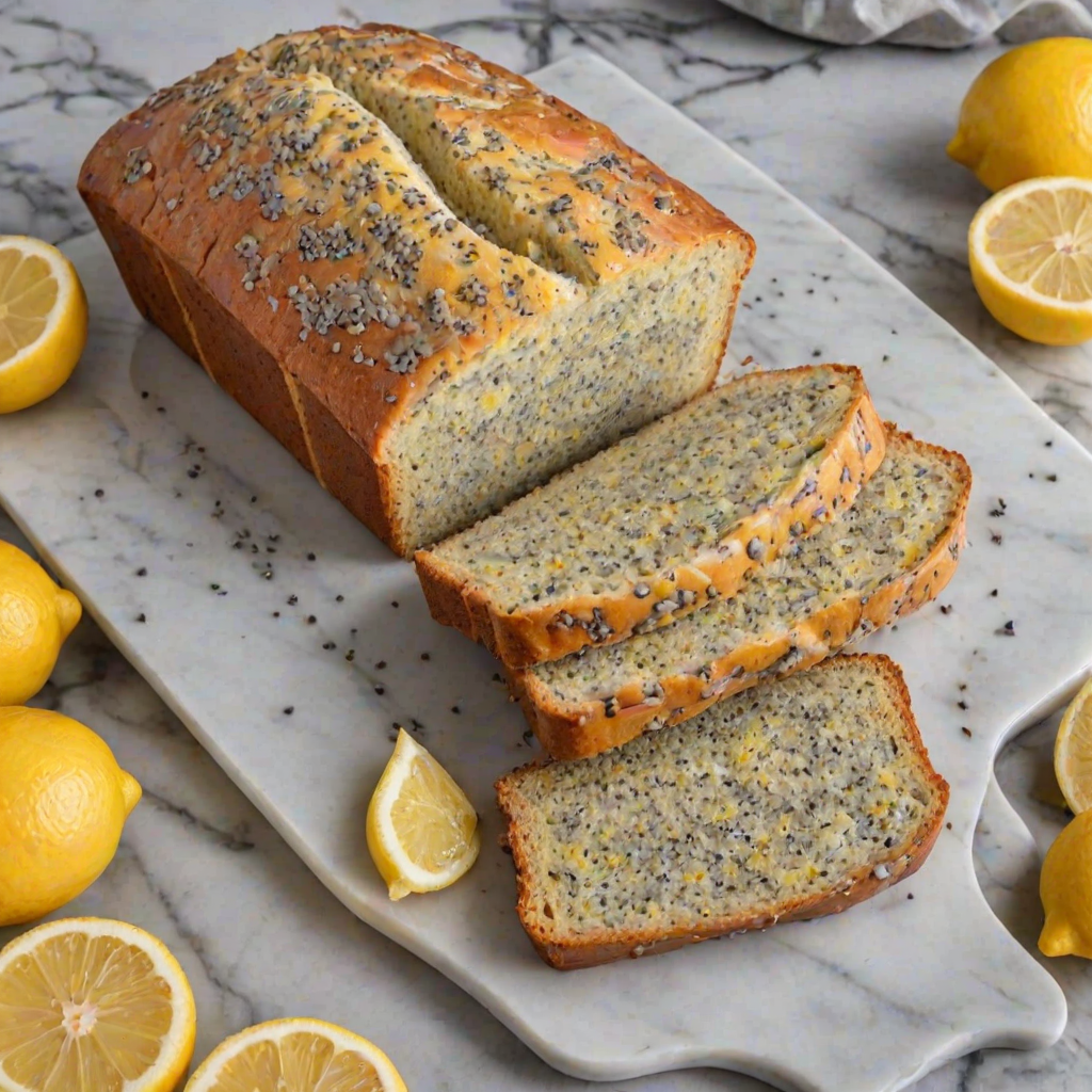 Create an image of a freshly baked loaf of lemon poppy seed bread with several slices cut and arranged on a marble surface. The bread should have a glossy lemon glaze on top, and the texture should look soft and moist. The background should be simple and light to emphasize the bread.