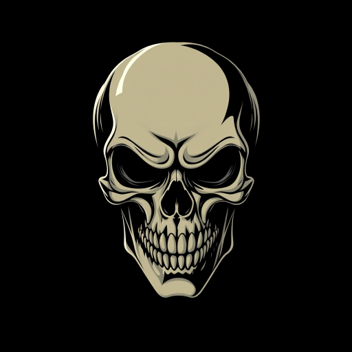 Create a high-resolution vector illustration of a skull with a menacing expression, using a digital camera simulation with a 50mm lens at f/1.8, shot from an eye-level perspective on a black background.