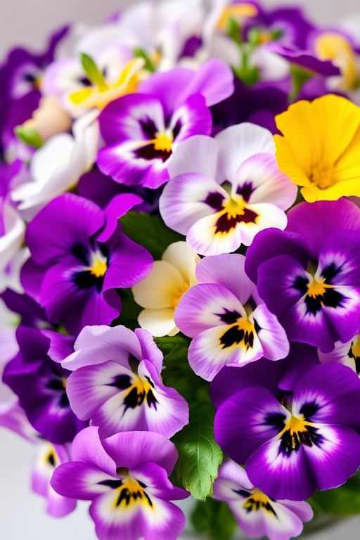 Create a vibrant floral arrangement of pansies in shades of purple, white, and yellow, captured with a 50mm lens at f/2.8, ISO 100, with a shallow depth of field to enhance the softness of the background, using a DSLR camera in natural light.