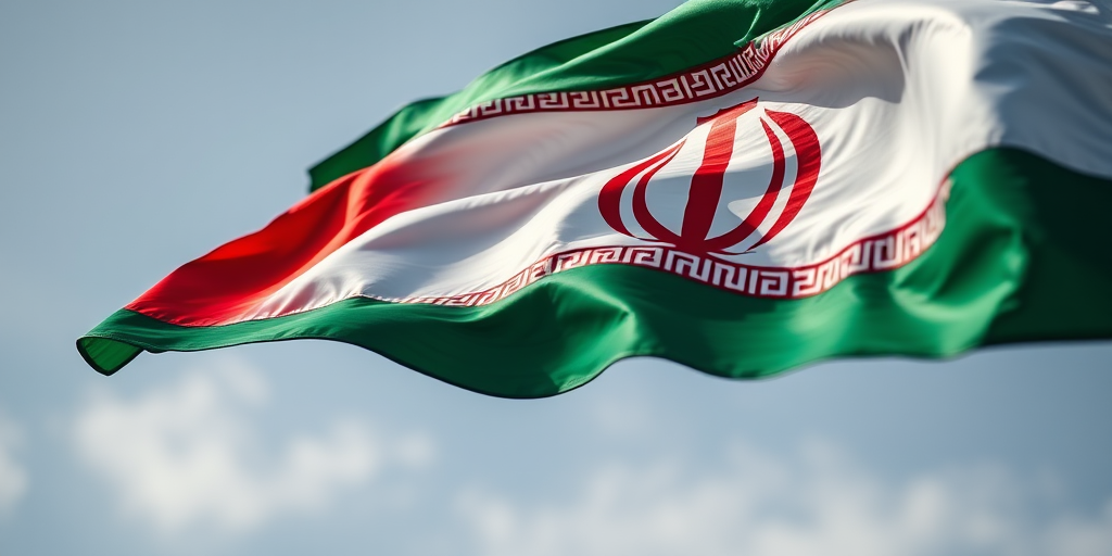 Create a highly detailed image of the Iranian flag waving in the wind, captured with a Canon EOS 5D Mark IV, using a 50mm f/1.8 lens, at ISO 100, aperture f/8, and a shutter speed of 1/250s, with a slight macro view to enhance textures and colors.