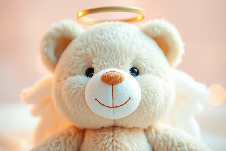 Create a high-resolution image of a cute teddy bear with angel wings and a halo, smiling joyfully, rendered in soft pastel colors, using a Canon EOS R5 with a 50mm lens at f/1.8, capturing a close-up view with a shallow depth of field to enhance details and focus.