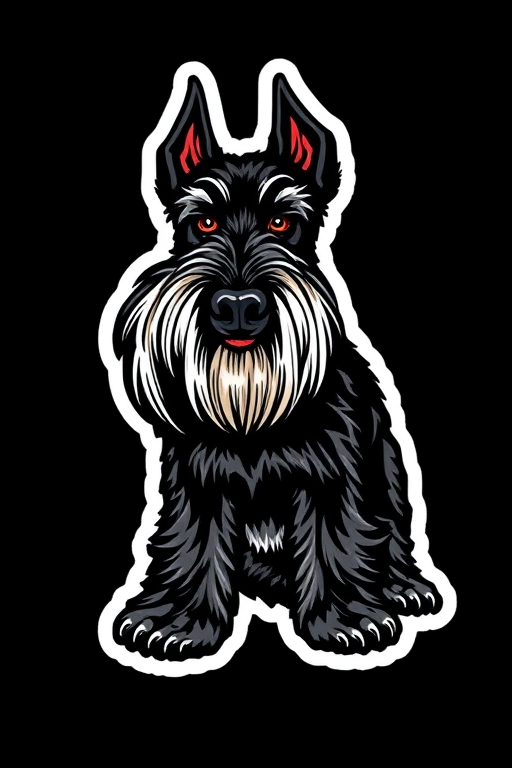 generate sticker, 3D black and white giant schnauzer, black background