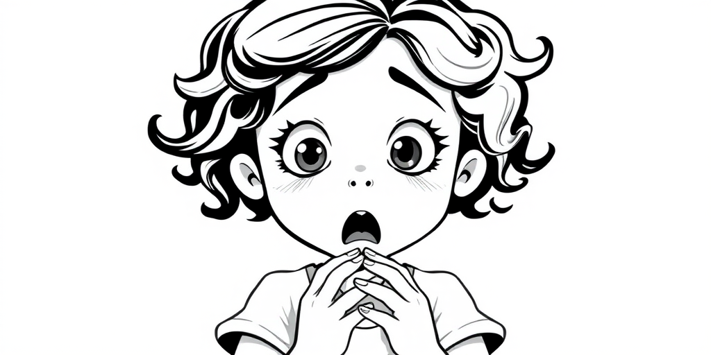The image is a black and white illustration of a young girl with curly hair. She has a surprised expression on her face with her mouth open and her hands clasped together in front of her chest. Her eyes are wide and her eyebrows are furrowed. Her hair is styled in loose curls that are cascading down her back. The overall mood of the image is one of shock or surprise.