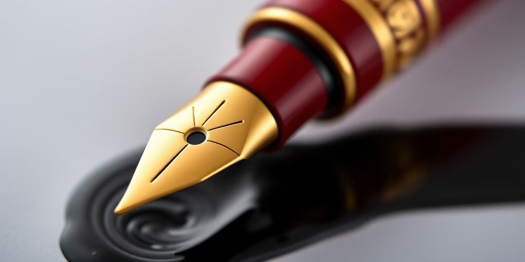 Create a high-resolution image of a fountain pen with a red body and gold trim, with a flowing black ink line beneath it, captured in macro view using a DSLR camera set to aperture f/2.8, shutter speed 1/250s, and ISO 100 for enhanced sharpness and detail.