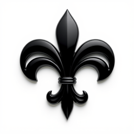 create a high-resolution 3D render of a black fleur-de-lis emblem with a glossy finish against a white background, use a 50mm lens, aperture f/8, ISO 100, and a 3-point lighting setup for enhanced depth and detail, shot with a DSLR camera.