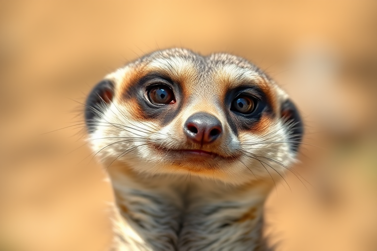 Generate a close-up portrait of a meerkat in natural lighting, using a DSLR camera with a 50mm lens, aperture set to f/2.8 for shallow depth of field, ISO 200, and a shutter speed of 1/200 seconds, capturing the meerkat against a blurred natural background for enhanced image quality.