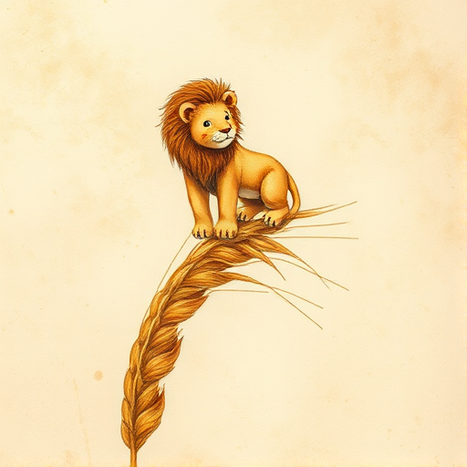 Soft, muted Alcohol Ink with ebru effect background image of tiny whimsical lion, who climbed high on the top of a golden rye ear.