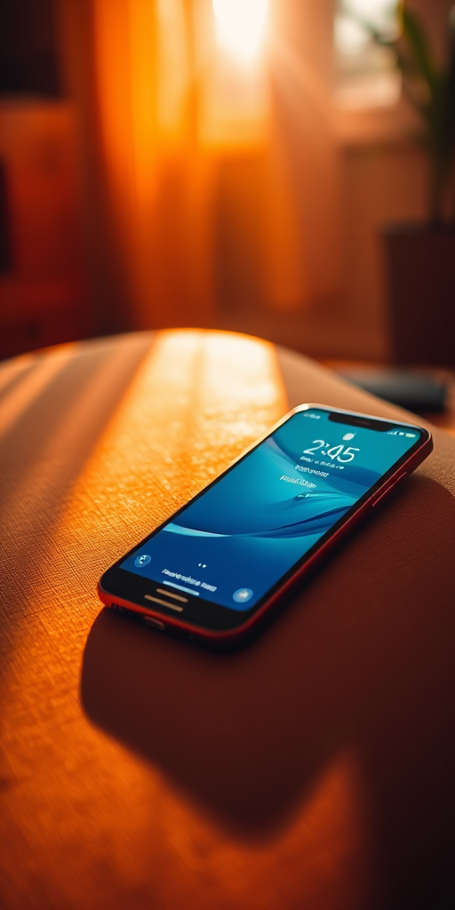 A smartphone resting on a couch illuminated by warm orange sunlight streaming through a window, focused on the screen displaying the time, shot with a 50mm lens at f/1.8, ISO 100, 1/100s, using a DSLR camera from a slightly elevated angle.