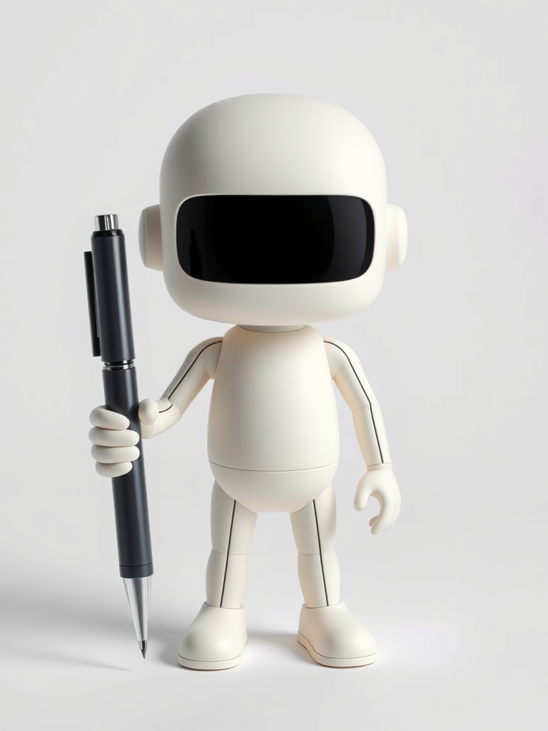 create a 3D model of a small humanoid figure holding a large pen, white background, soft lighting, 50mm lens, f/2.8 aperture, ISO 100, straight-on view, studio photography, high-resolution image