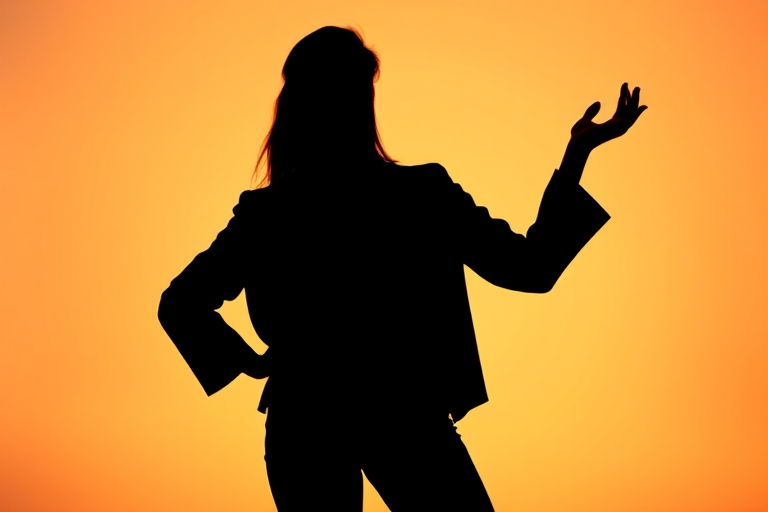 Create a high-resolution image of a silhouette of a tall woman standing in a confident pose against a soft gradient background with a warm color palette, using a DSLR camera with a 50mm lens, aperture set at f/1.8, ISO 100, and a shutter speed of 1/250s, capturing the silhouette in a low-angle view to emphasize height and confidence.