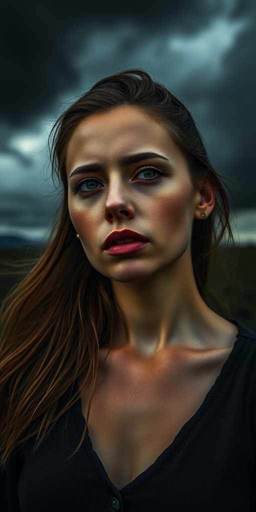 portrait of a woman with a dramatic expression in a dark, moody landscape, with stormy clouds in the background, shallow depth of field, using a 50mm lens, f/1.8 aperture, ISO 100, soft natural lighting, captured with a Canon EOS R5