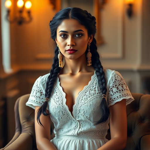 Create a portrait of a refined and elegant Nepali woman seated in a sophisticated setting. She has long, wavy hair styled in two thick braids that are pulled over her shoulders. She wears a white, lace gown with intricate patterns, featuring a deep V-neckline and short sleeves. The dress exudes a vintage charm with its delicate lacework. She is adorned with ornate, dangling earrings that add a touch of glamour to her appearance. The background is softly lit, with warm, ambient lighting that creates a cozy and inviting atmosphere. Her expression is poised and serene, capturing a sense of grace and elegance.