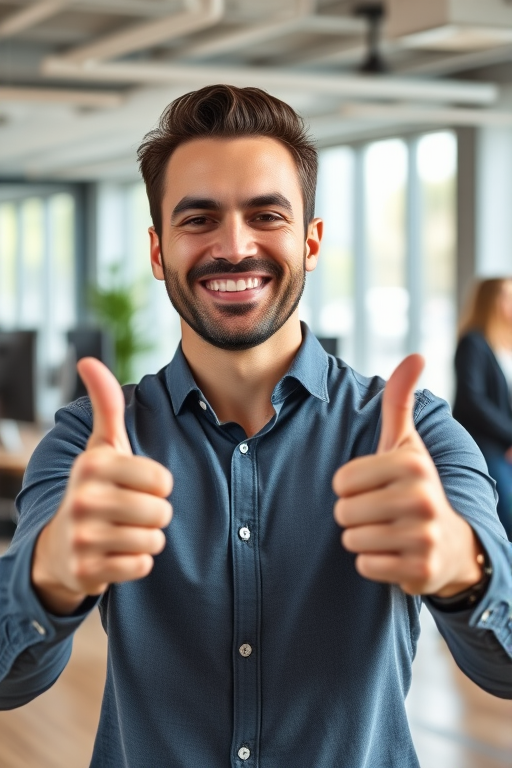 A smiling man giving two thumbs up in a modern office setting with soft natural light, captured with a DSLR camera at f/2.8 aperture, 50mm lens, ISO 200, and a shallow depth of field to emphasize the subject and blur the background.
