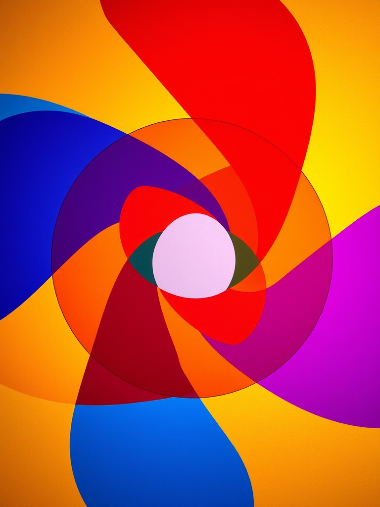 Create an abstract geometric design featuring overlapping circles and triangles in vibrant colors, captured with a Canon EOS R5 at f/8, ISO 100, 1/60 sec, using a wide-angle lens for depth and clarity in a studio lighting setup.