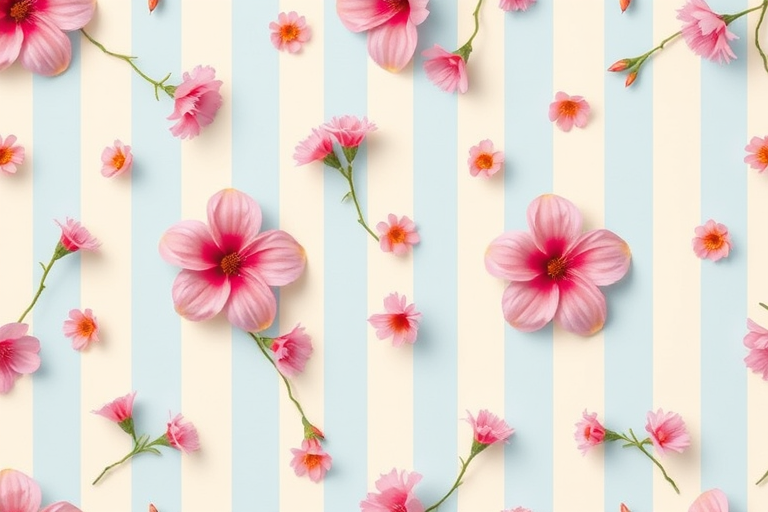 Create a seamless pattern featuring pink flowers on a light blue and cream striped background, captured with a Canon EOS R5, 50mm lens, f/2.8 aperture, ISO 100, natural light, top-down camera angle for clarity and depth.
