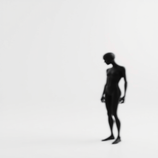 Generate a high-resolution image of an abstract black figure against a white background, using a Canon EOS R5 with a 50mm lens, aperture f/1.8, shutter speed 1/200, ISO 100, in a studio setting with soft lighting for enhanced detail and contrast.