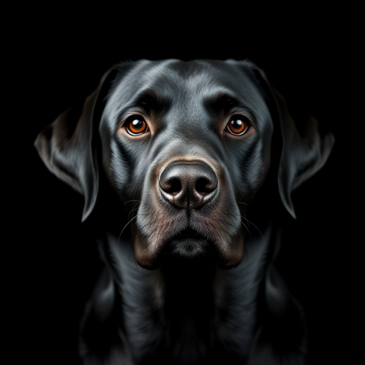 Capture a close-up portrait of a black Labrador retriever against a black background, using a Canon EOS R5 with a 85mm f/1.4 lens, aperture set to f/1.4, ISO 100, and a shutter speed of 1/200s, ensuring soft lighting to highlight the dog's features and create depth.