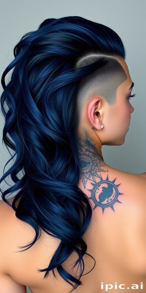 Deep indigo waves cascading down one side with the opposite half shaved and adorned with constellation tattoos, embodying celestial mystery named Stargazer's Mane