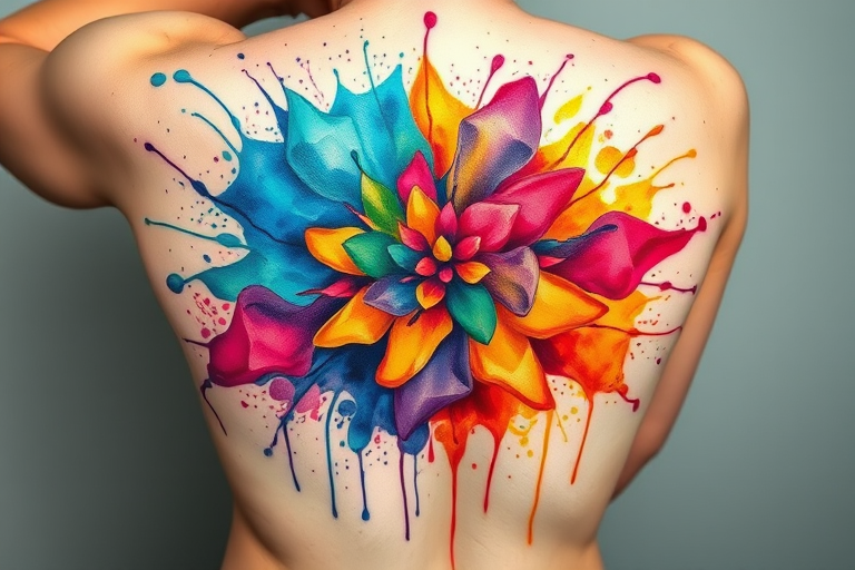 Watercolor splash tattoo, "Chromatic Explosion," depicting an abstract burst of vibrant colors blending and bleeding into each other, with splatters and drips extending outwards, creating a dynamic and energetic piece ideal for the back or side