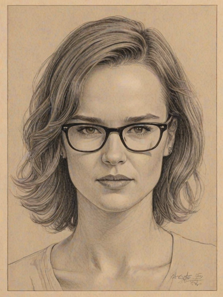 Sublime Juliette Lewis, pencil sketch, portrait of Appealing woman 1936s in glasses, hair style beatnik, outline, clear lines, fine lines, 8k